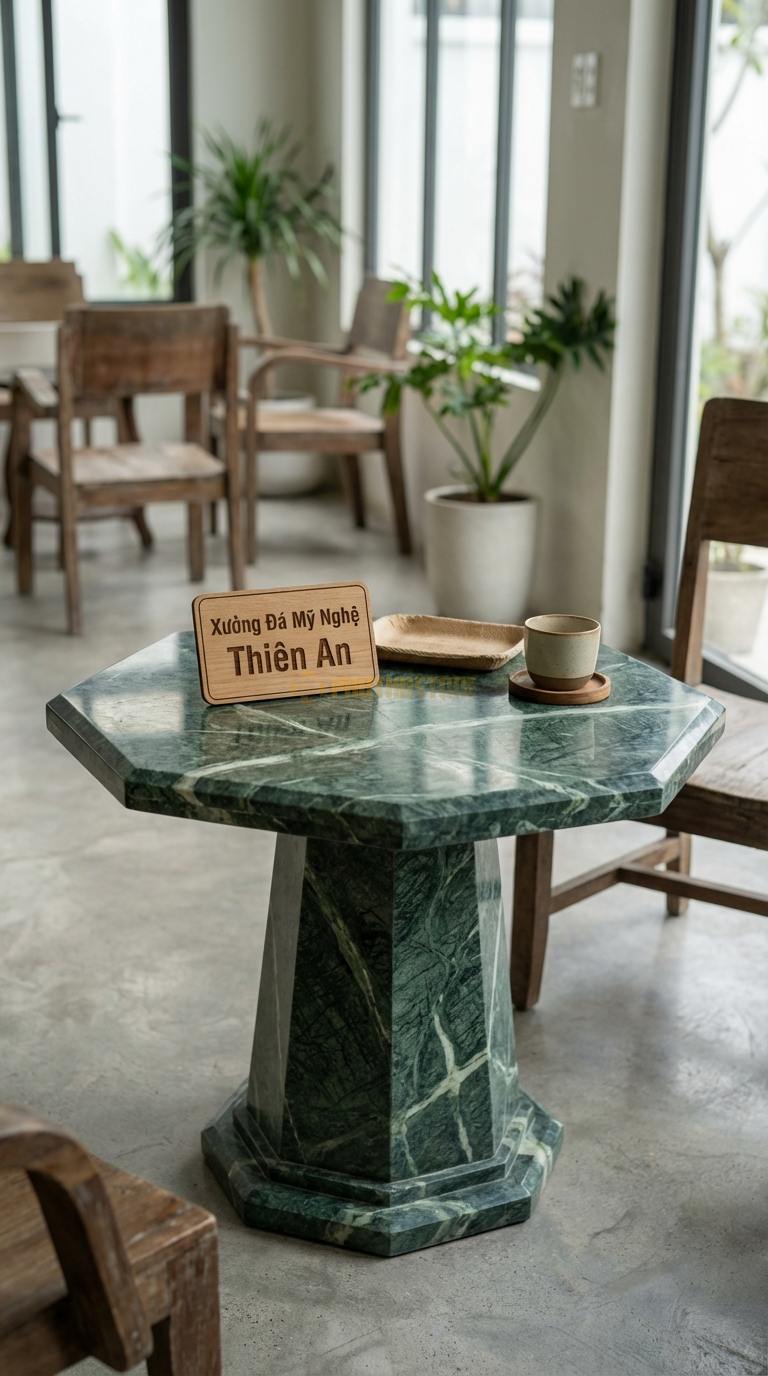 Bàn Cafe Đá Decor & Bistro Đá Xanh Ấn Lục Giác Thạch: Mặt bàn cắt hình lục giác, cạnh mài vát Đường kính 55cm x Cao 60cm
