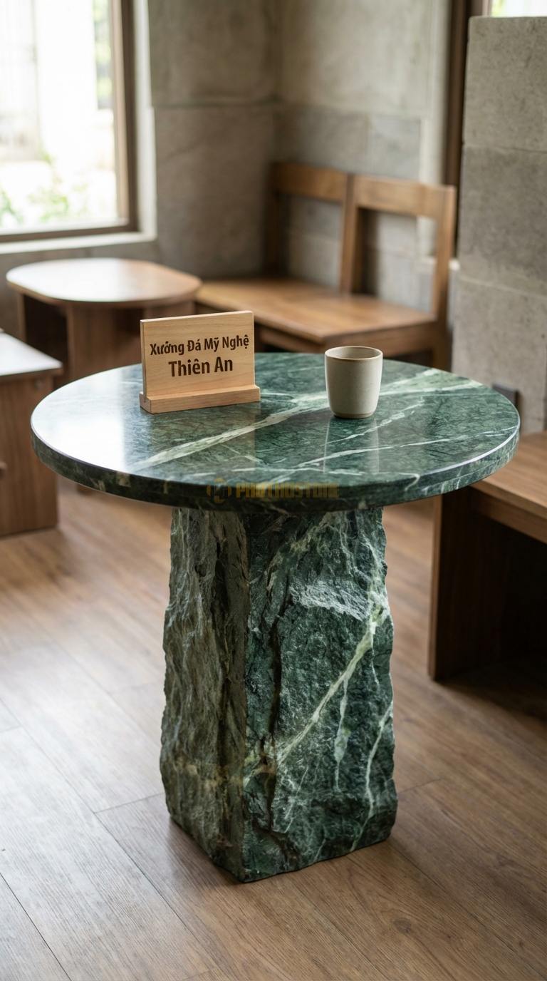 Bàn Cafe Đá Decor & Bistro Đá Xanh Ấn Trụ Đá Thô: Chân bàn là khối đá tự nhiên, mặt đá tròn Đường kính 55cm x Cao 60cm