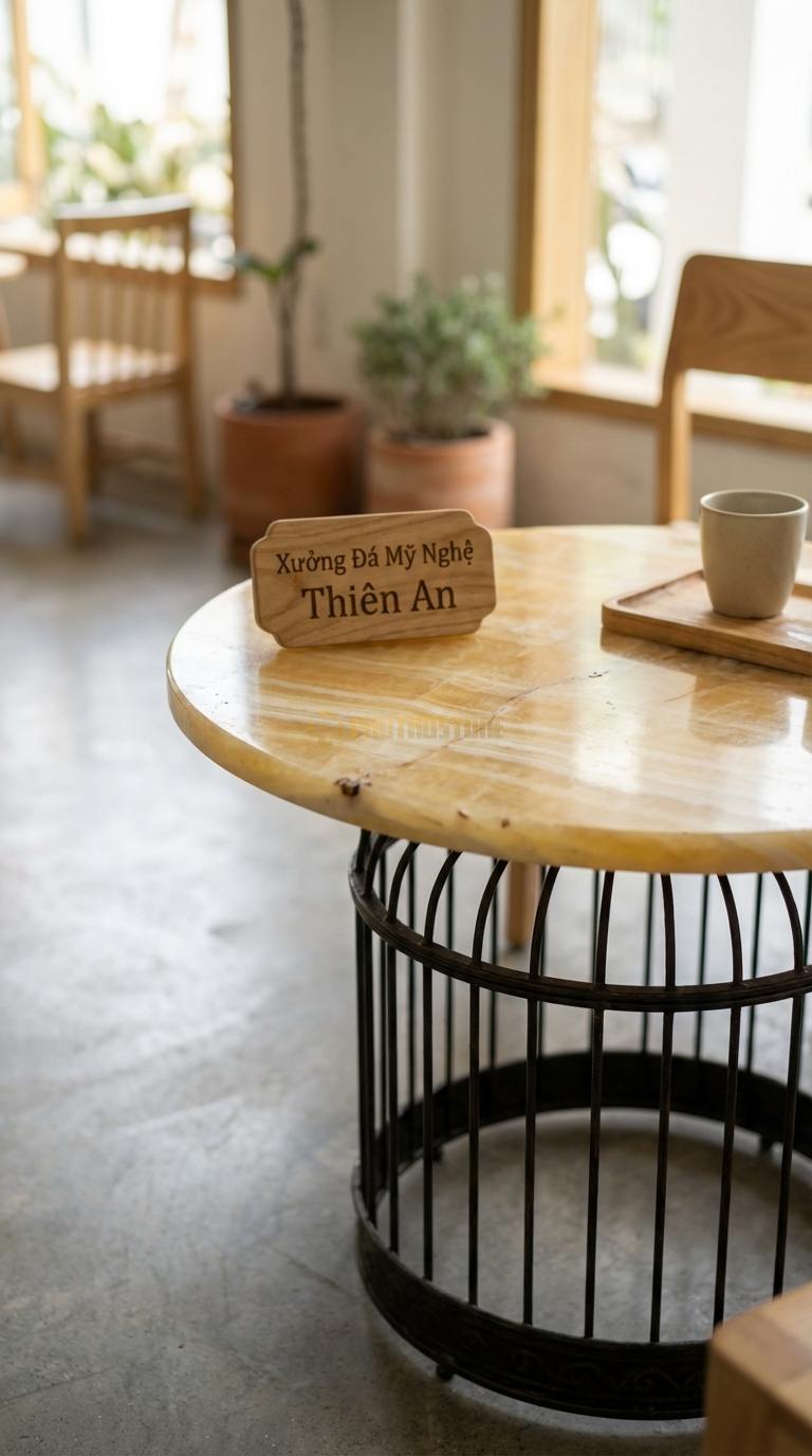 Bàn Cafe Đá Decor & Bistro Ngọc hoàng long Bàn Lồng Chim: Mặt đá tròn gắn trên khung sắt nghệ thuật Đường kính 50cm x Cao 65cm