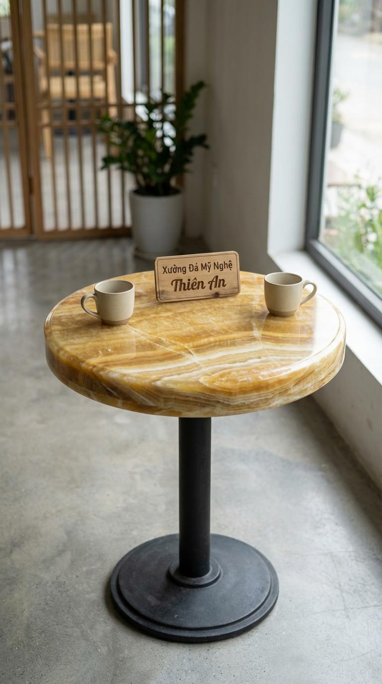 Bàn Cafe Đá Decor & Bistro Ngọc hoàng long Bistro Classic: Mặt tròn tối giản, chân trụ sắt đúc Đường kính 60cm x Cao 75cm