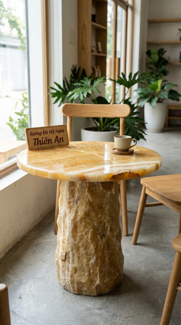 Bàn Cafe Đá Decor & Bistro Ngọc hoàng long Trụ Đá Thô: Chân bàn là khối đá tự nhiên, mặt đá tròn Đường kính 55cm x Cao 60cm