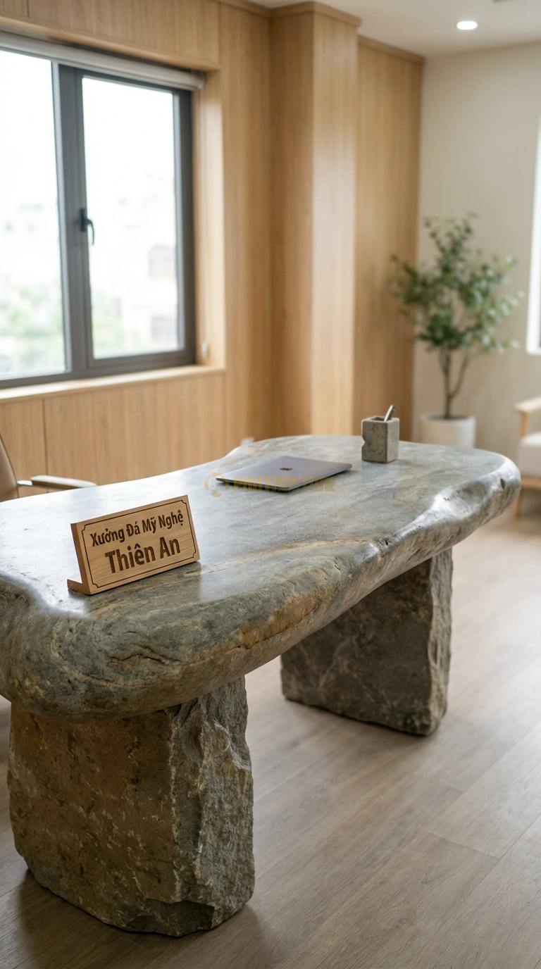Bàn Làm Việc & Bàn Giám Đốc Bằng Đá Đá Cuội Art Desk: Mặt đá cắt theo hình khối nghệ thuật không đối xứng 130cm x 65cm x 75cm