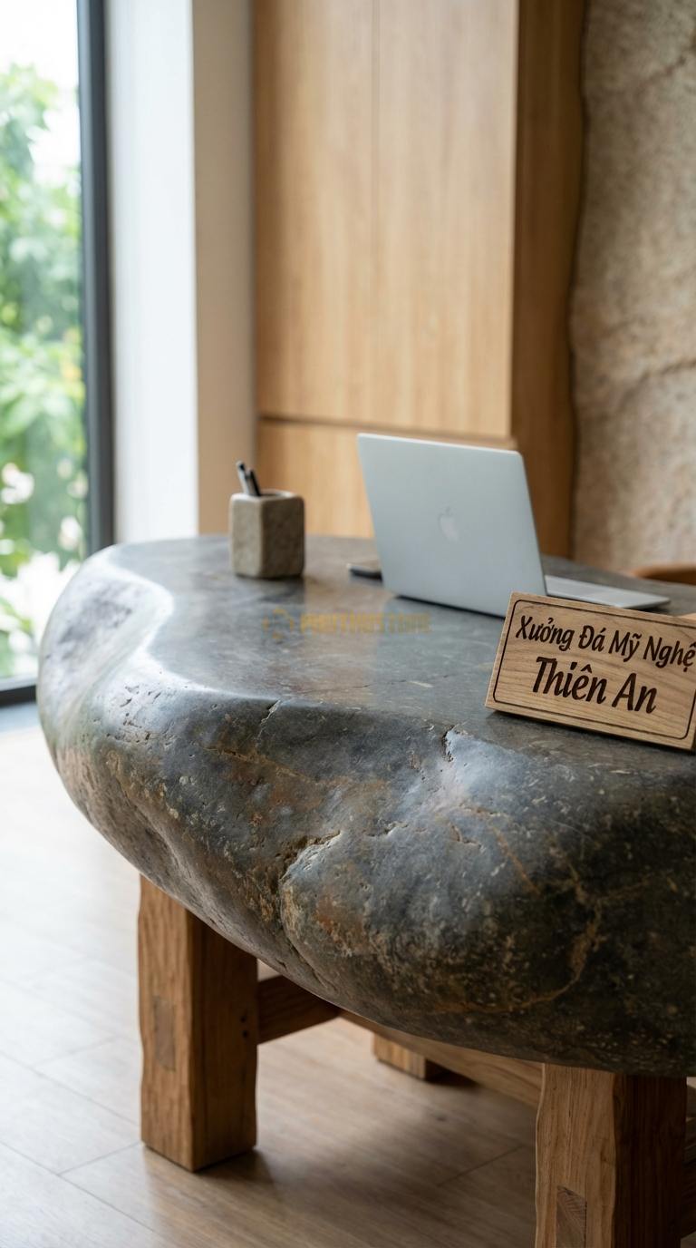 Bàn Làm Việc & Bàn Giám Đốc Bằng Đá Đá Cuội Cổ Điển: Mặt đá bo chỉ kép, chân gỗ chạm khắc thủ công 160cm x 80cm x 75cm
