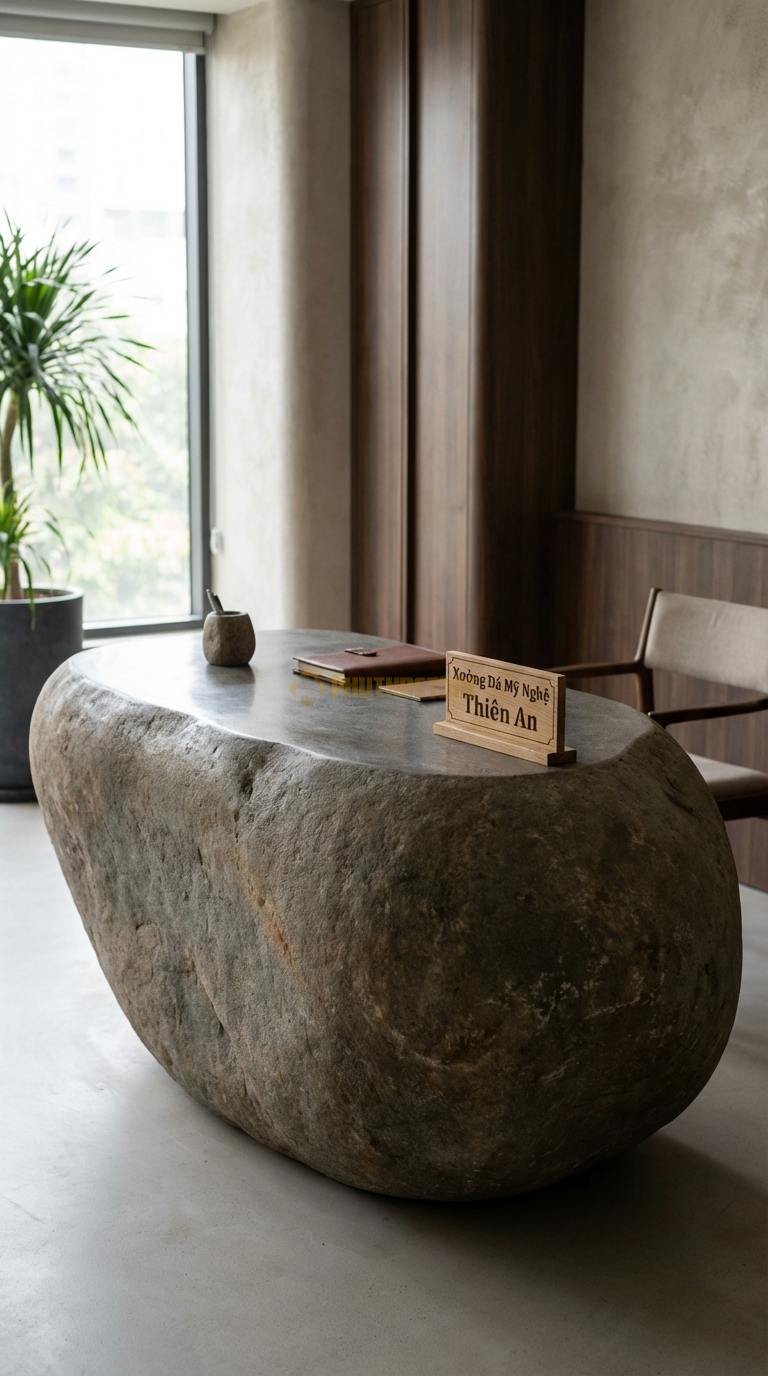 Bàn Làm Việc & Bàn Giám Đốc Bằng Đá Đá Cuội Hi-tech Desk: Mặt đá tích hợp cổng sạc ẩn và quản lý dây điện 150cm x 75cm x 75cm