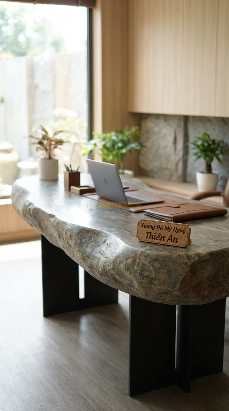 Bàn Làm Việc & Bàn Giám Đốc Bằng Đá Đá Cuội Lãnh Đạo: Mặt đá vuông vức, chân kim loại bản lớn chắc chắn 180cm x 85cm x 76cm