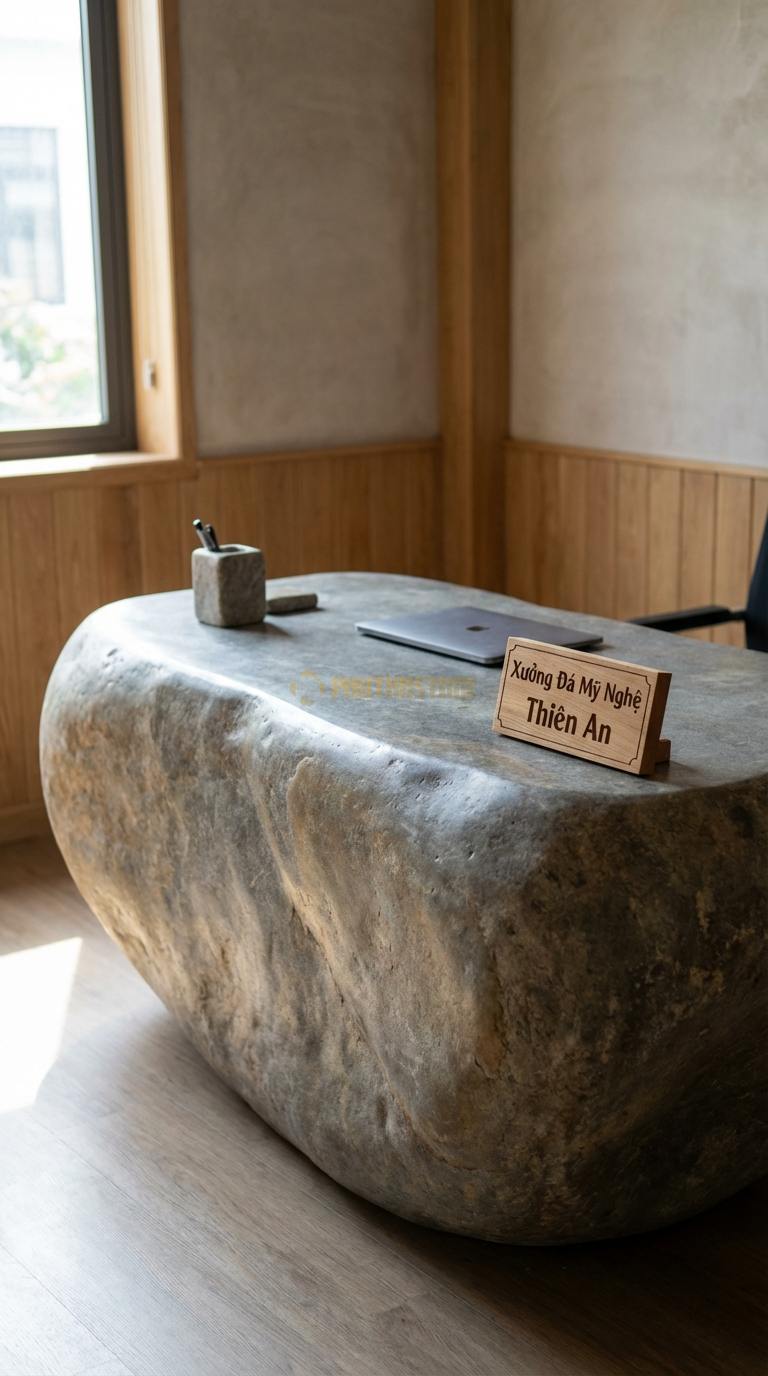 Bàn Làm Việc & Bàn Giám Đốc Bằng Đá Đá Cuội Monolith: Bàn được ghép từ các tấm đá lớn như một khối đá đặc 180cm x 80cm x 75cm