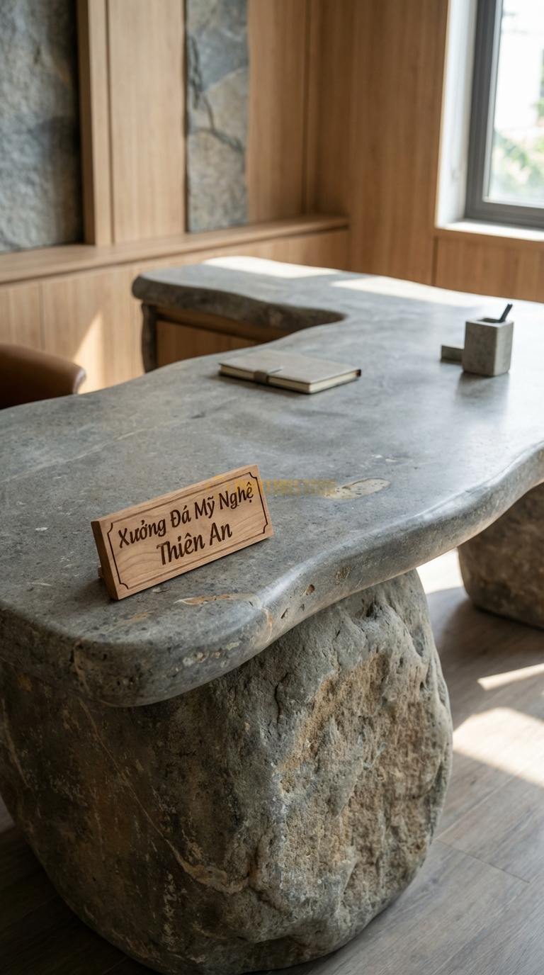 Bàn Làm Việc & Bàn Giám Đốc Bằng Đá Đá Cuội Quyền Lực: Bàn giám đốc chữ L, mặt đá dày che kín mặt trước 200cm x 160cm x 76cm