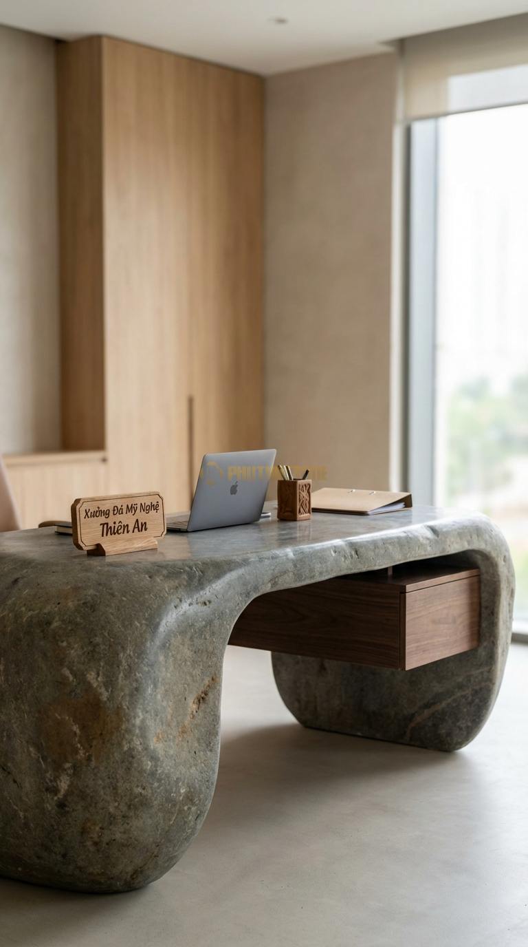 Bàn Làm Việc & Bàn Giám Đốc Bằng Đá Đá Cuội Sáng Tạo: Mặt đá kết hợp hộc ngăn kéo gỗ treo lửng 150cm x 75cm x 75cm
