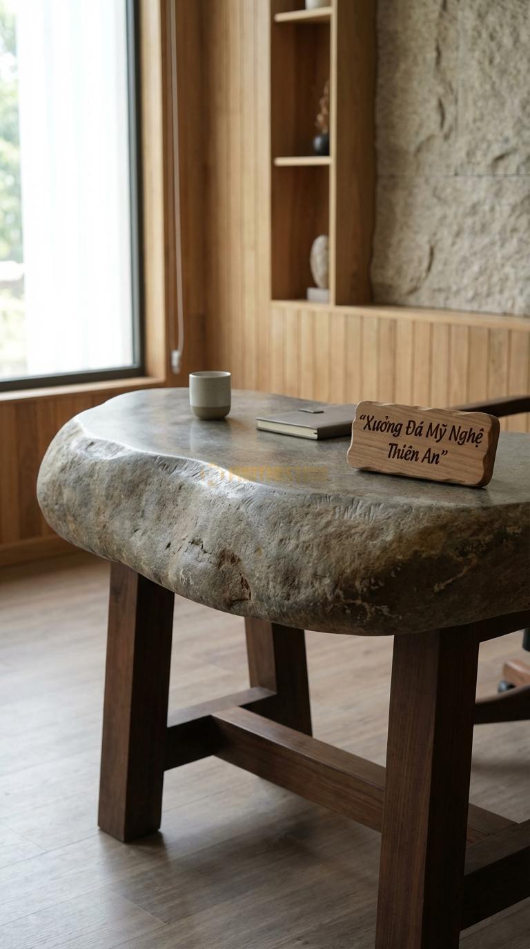 Bàn Làm Việc & Bàn Giám Đốc Bằng Đá Đá Cuội Tĩnh Lặng: Bàn làm việc tối giản, mặt đá đen nhám chân gỗ 140cm x 70cm x 75cm