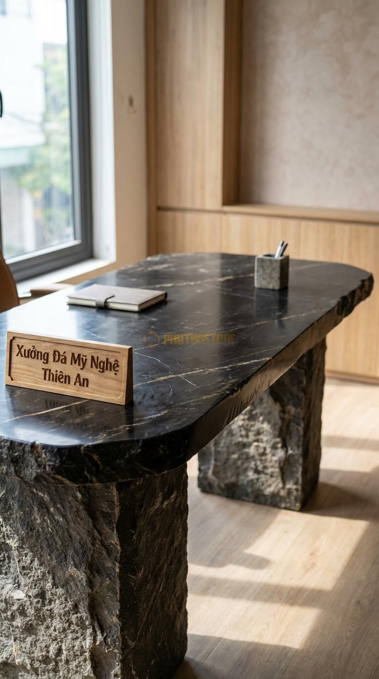 Bàn Làm Việc & Bàn Giám Đốc Bằng Đá Đá Đen Chỉ Nâu Art Desk: Mặt đá cắt theo hình khối nghệ thuật không đối xứng 130cm x 65cm x 75cm