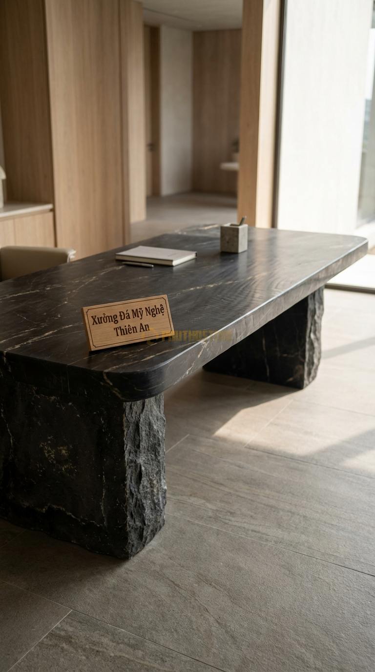 Bàn Làm Việc & Bàn Giám Đốc Bằng Đá Đá Đen Chỉ Nâu Bàn Ký: Mặt đá oval nhỏ gọn cho phòng tiếp khách 120cm x 60cm x 75cm