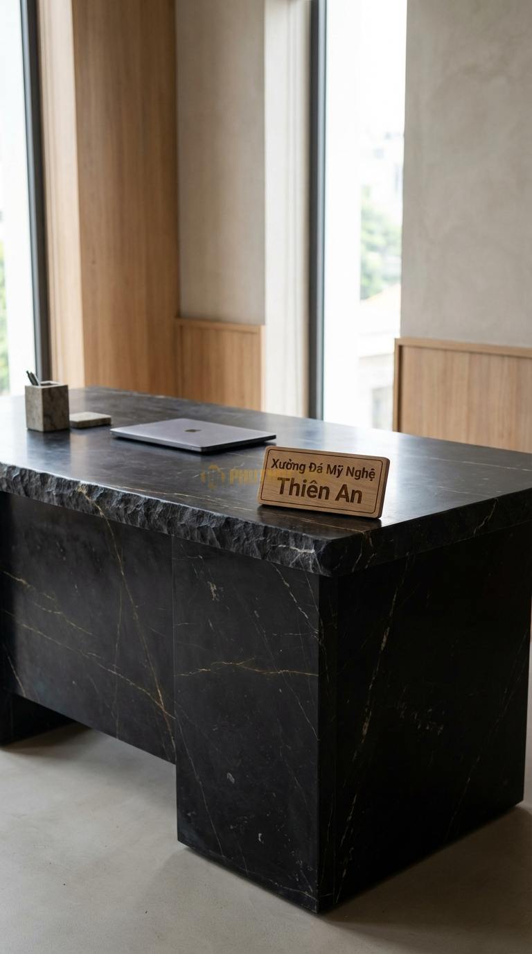 Bàn Làm Việc & Bàn Giám Đốc Bằng Đá Đá Đen Chỉ Nâu Bàn Làm Việc Đôi: Mặt đá dài cho 2 người ngồi, có vách ngăn đá 240cm x 70cm x 75cm