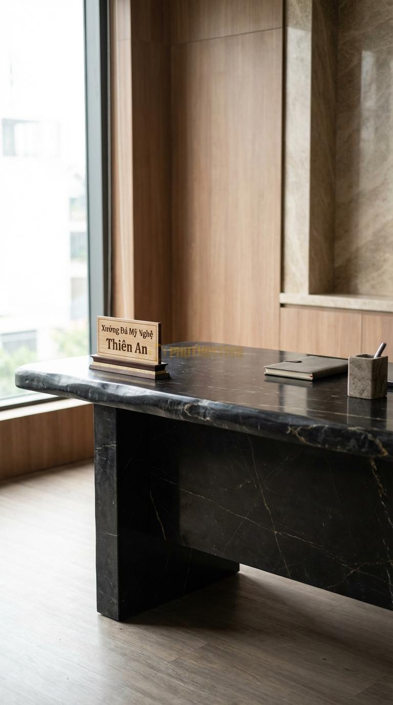Bàn Làm Việc & Bàn Giám Đốc Bằng Đá Đá Đen Chỉ Nâu Cổ Điển: Mặt đá bo chỉ kép, chân gỗ chạm khắc thủ công 160cm x 80cm x 75cm