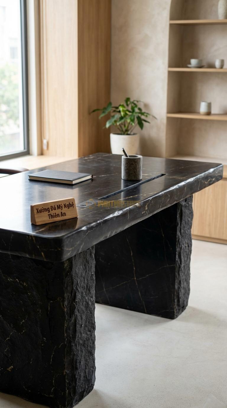 Bàn Làm Việc & Bàn Giám Đốc Bằng Đá Đá Đen Chỉ Nâu Hi-tech Desk: Mặt đá tích hợp cổng sạc ẩn và quản lý dây điện 150cm x 75cm x 75cm