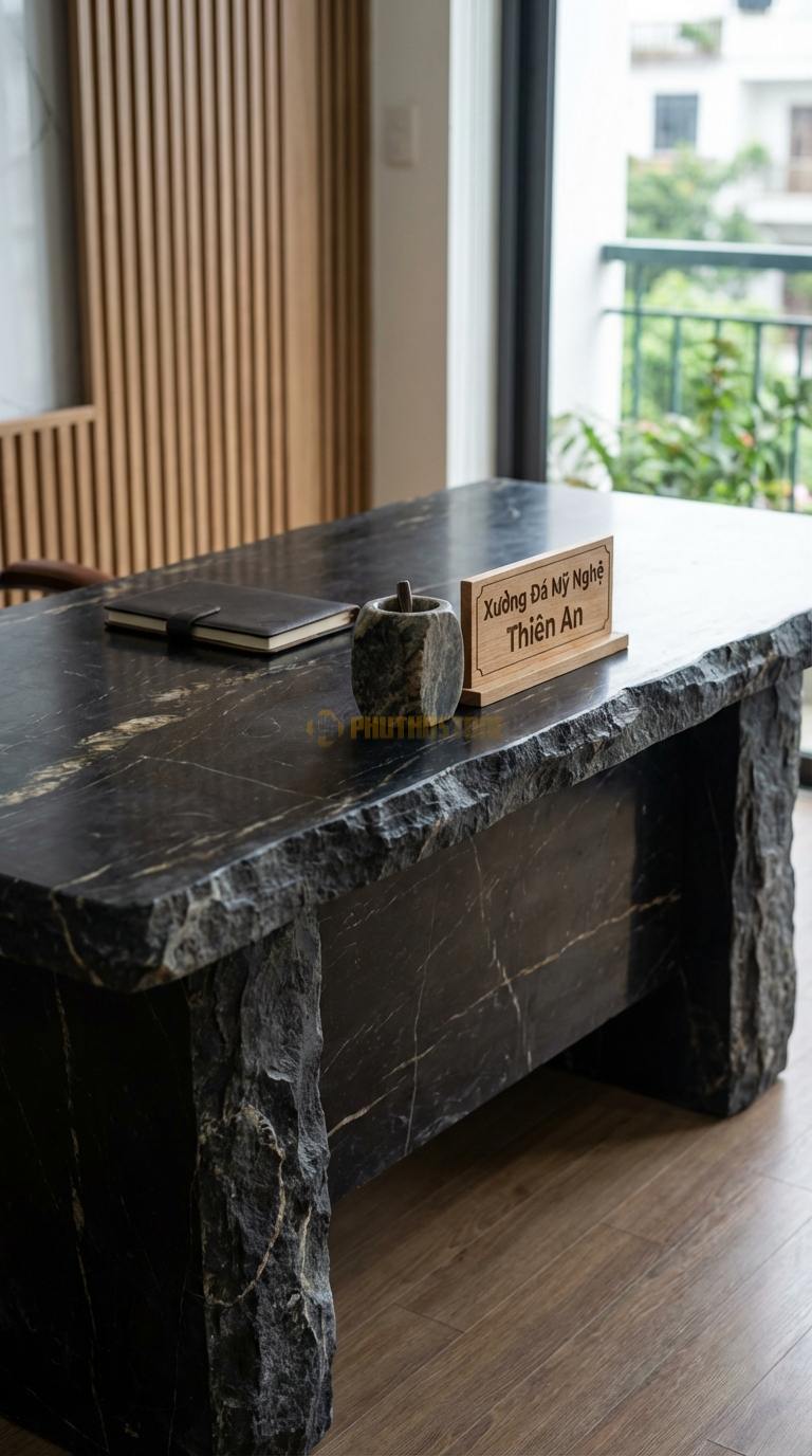 Bàn Làm Việc & Bàn Giám Đốc Bằng Đá Đá Đen Chỉ Nâu Lãnh Đạo: Mặt đá vuông vức, chân kim loại bản lớn chắc chắn 180cm x 85cm x 76cm