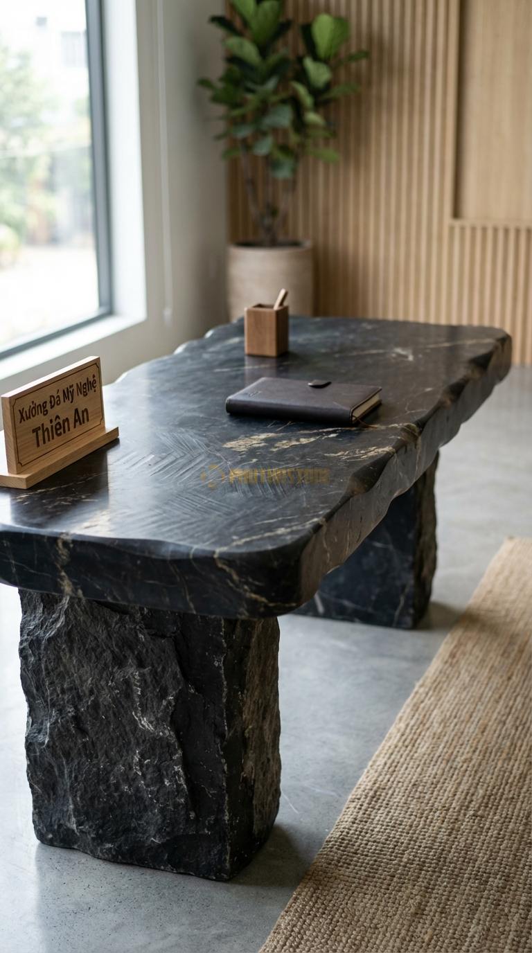 Bàn Làm Việc & Bàn Giám Đốc Bằng Đá Đá Đen Chỉ Nâu Monolith: Bàn được ghép từ các tấm đá lớn như một khối đá đặc 180cm x 80cm x 75cm