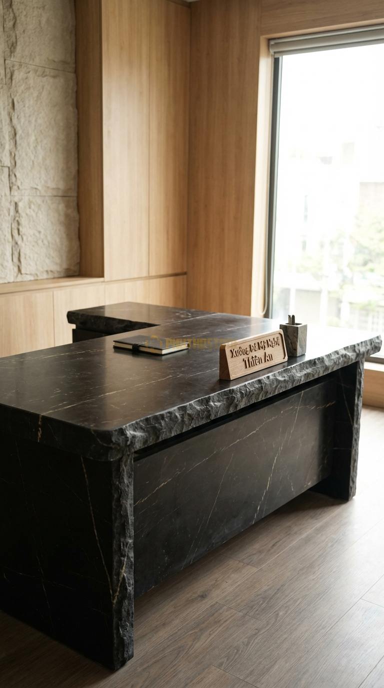 Bàn Làm Việc & Bàn Giám Đốc Bằng Đá Đá Đen Chỉ Nâu Quyền Lực: Bàn giám đốc chữ L, mặt đá dày che kín mặt trước 200cm x 160cm x 76cm