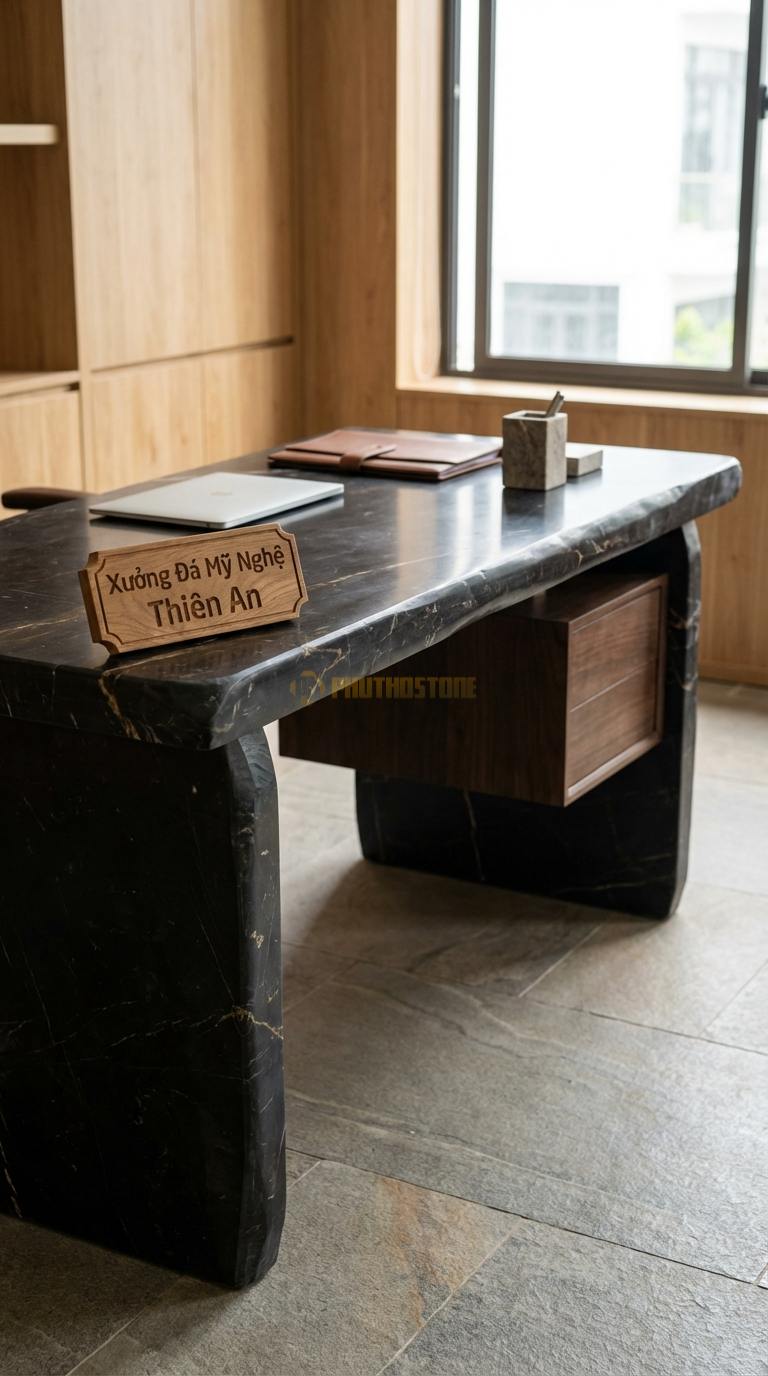 Bàn Làm Việc & Bàn Giám Đốc Bằng Đá Đá Đen Chỉ Nâu Sáng Tạo: Mặt đá kết hợp hộc ngăn kéo gỗ treo lửng 150cm x 75cm x 75cm