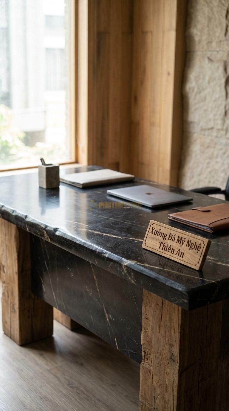 Bàn Làm Việc & Bàn Giám Đốc Bằng Đá Đá Đen Chỉ Nâu Tĩnh Lặng: Bàn làm việc tối giản, mặt đá đen nhám chân gỗ 140cm x 70cm x 75cm