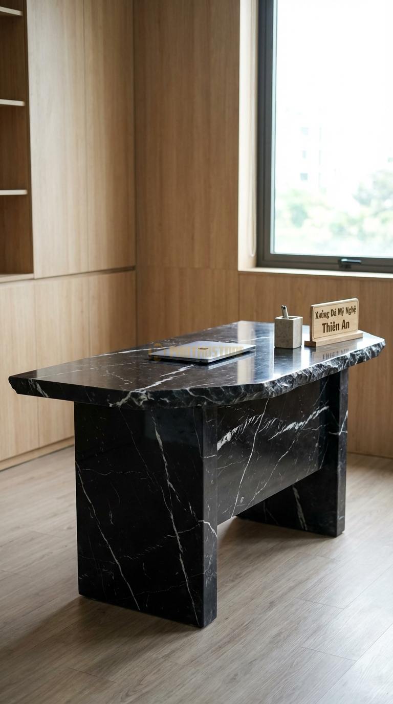 Bàn Làm Việc & Bàn Giám Đốc Bằng Đá Đá Đen Tia Chớp Art Desk: Mặt đá cắt theo hình khối nghệ thuật không đối xứng 130cm x 65cm x 75cm
