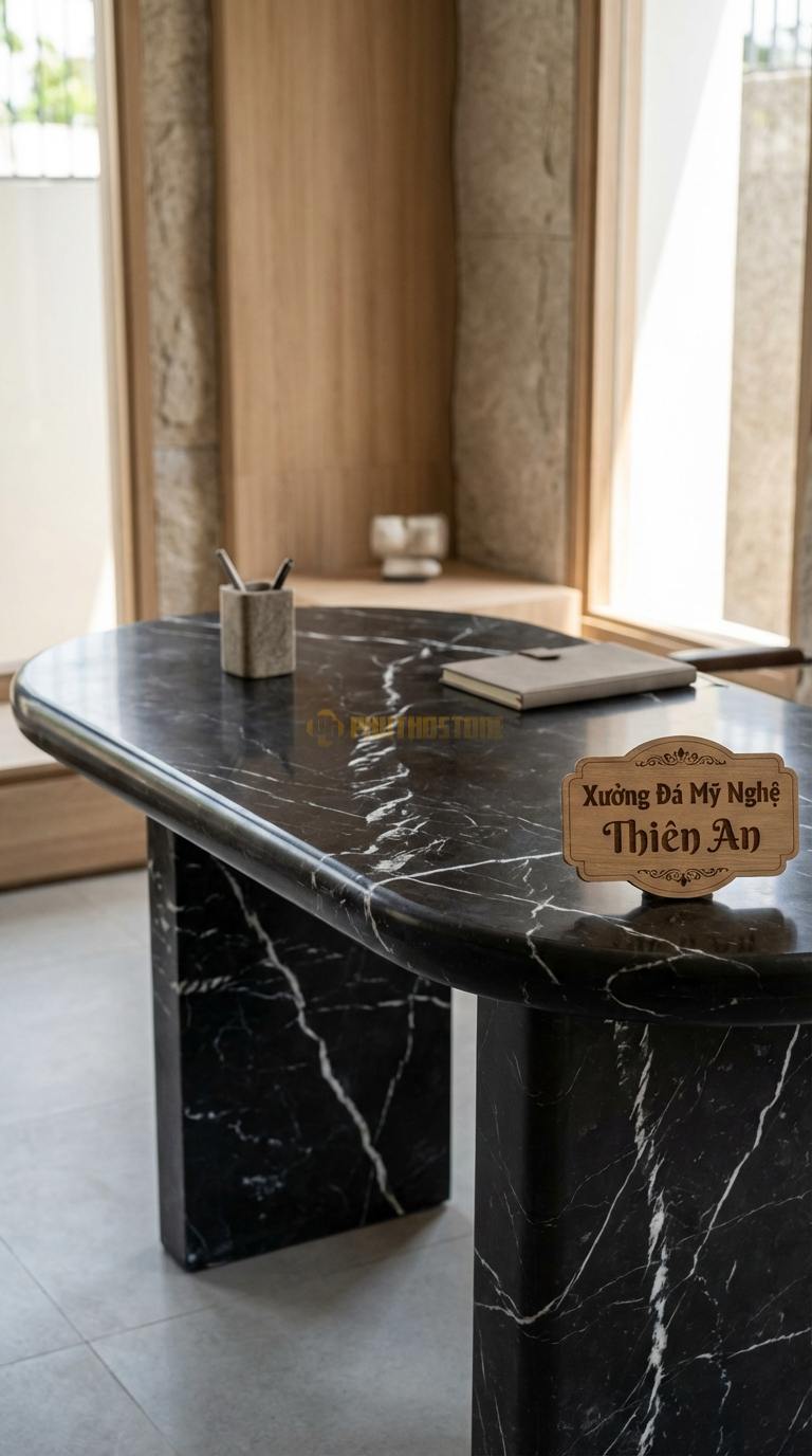 Bàn Làm Việc & Bàn Giám Đốc Bằng Đá Đá Đen Tia Chớp Bàn Ký: Mặt đá oval nhỏ gọn cho phòng tiếp khách 120cm x 60cm x 75cm