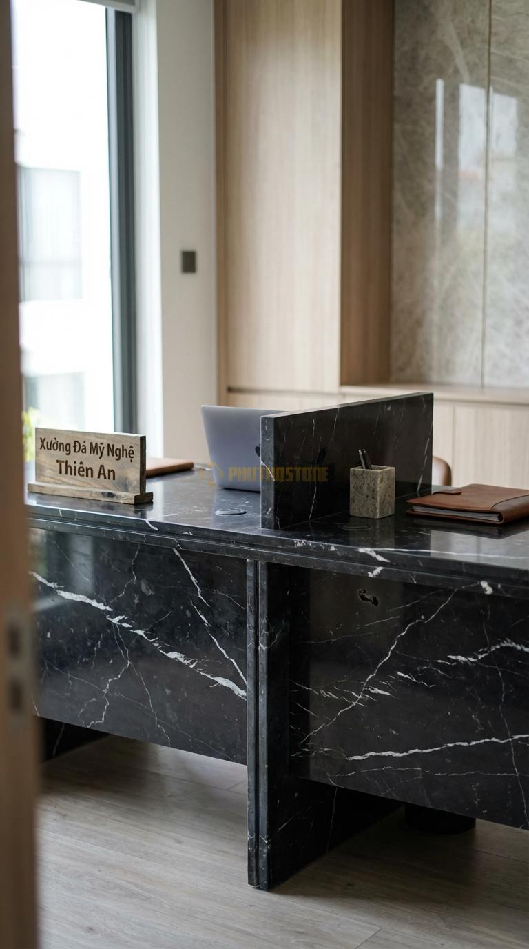Bàn Làm Việc & Bàn Giám Đốc Bằng Đá Đá Đen Tia Chớp Bàn Làm Việc Đôi: Mặt đá dài cho 2 người ngồi, có vách ngăn đá 240cm x 70cm x 75cm