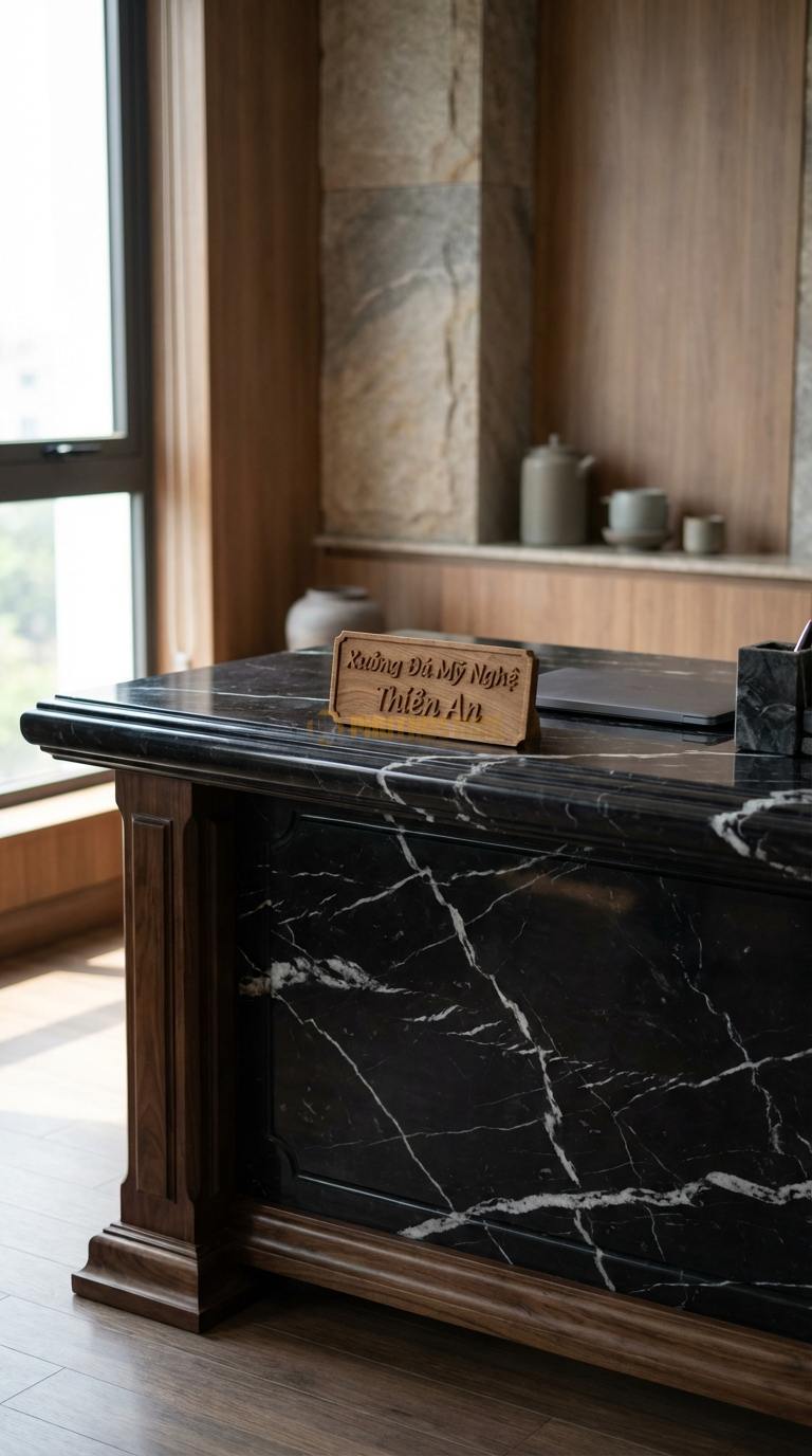Bàn Làm Việc & Bàn Giám Đốc Bằng Đá Đá Đen Tia Chớp Cổ Điển: Mặt đá bo chỉ kép, chân gỗ chạm khắc thủ công 160cm x 80cm x 75cm