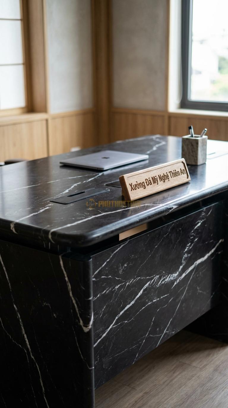 Bàn Làm Việc & Bàn Giám Đốc Bằng Đá Đá Đen Tia Chớp Hi-tech Desk: Mặt đá tích hợp cổng sạc ẩn và quản lý dây điện 150cm x 75cm x 75cm