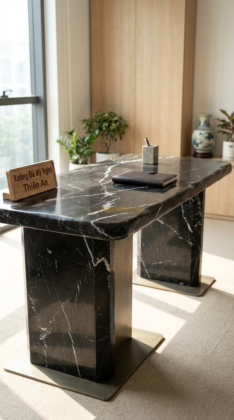 Bàn Làm Việc & Bàn Giám Đốc Bằng Đá Đá Đen Tia Chớp Lãnh Đạo: Mặt đá vuông vức, chân kim loại bản lớn chắc chắn 180cm x 85cm x 76cm