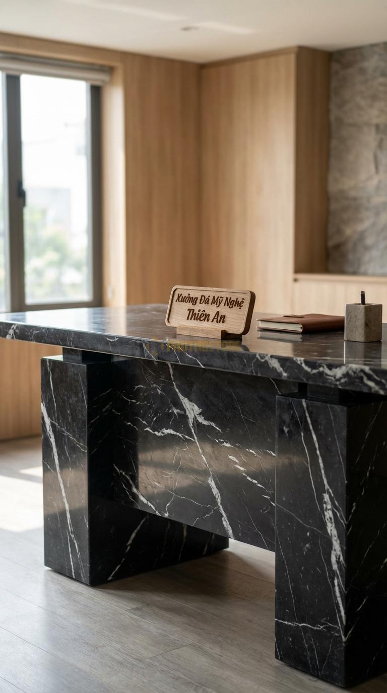 Bàn Làm Việc & Bàn Giám Đốc Bằng Đá Đá Đen Tia Chớp Monolith: Bàn được ghép từ các tấm đá lớn như một khối đá đặc 180cm x 80cm x 75cm