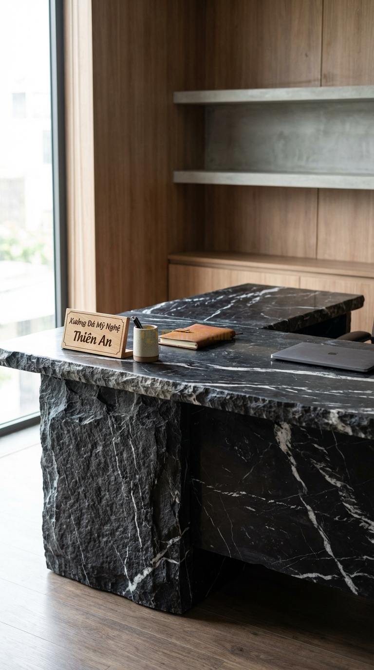 Bàn Làm Việc & Bàn Giám Đốc Bằng Đá Đá Đen Tia Chớp Quyền Lực: Bàn giám đốc chữ L, mặt đá dày che kín mặt trước 200cm x 160cm x 76cm