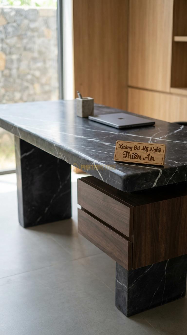 Bàn Làm Việc & Bàn Giám Đốc Bằng Đá Đá Đen Tia Chớp Sáng Tạo: Mặt đá kết hợp hộc ngăn kéo gỗ treo lửng 150cm x 75cm x 75cm