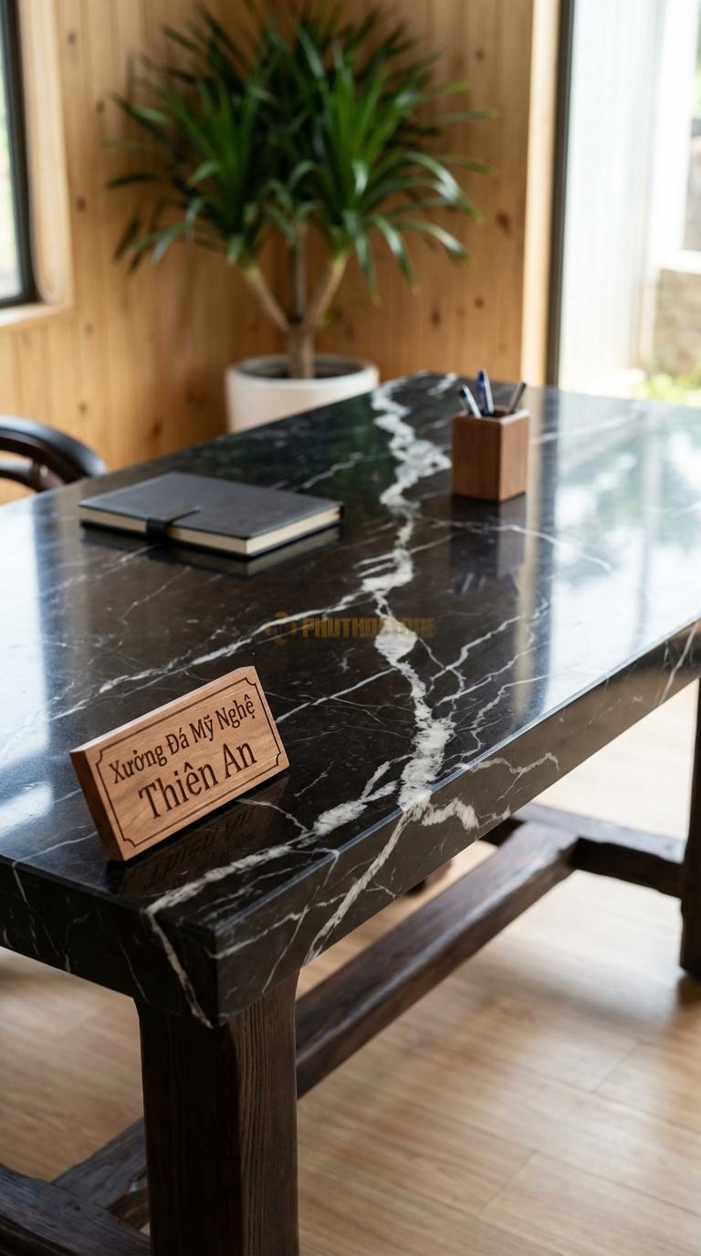 Bàn Làm Việc & Bàn Giám Đốc Bằng Đá Đá Đen Tia Chớp Tĩnh Lặng: Bàn làm việc tối giản, mặt đá đen nhám chân gỗ 140cm x 70cm x 75cm