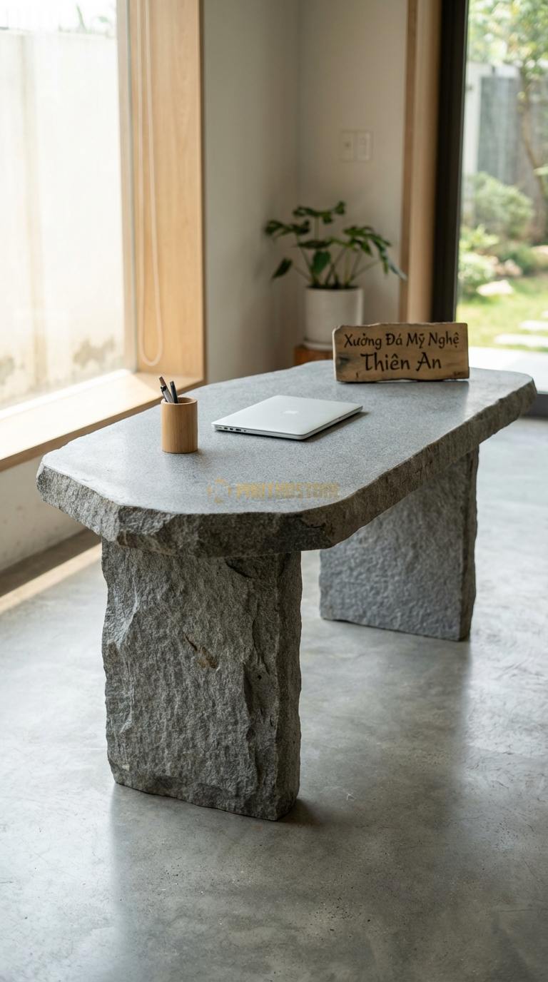 Bàn Làm Việc & Bàn Giám Đốc Bằng Đá Đá Granite Art Desk: Mặt đá cắt theo hình khối nghệ thuật không đối xứng 130cm x 65cm x 75cm