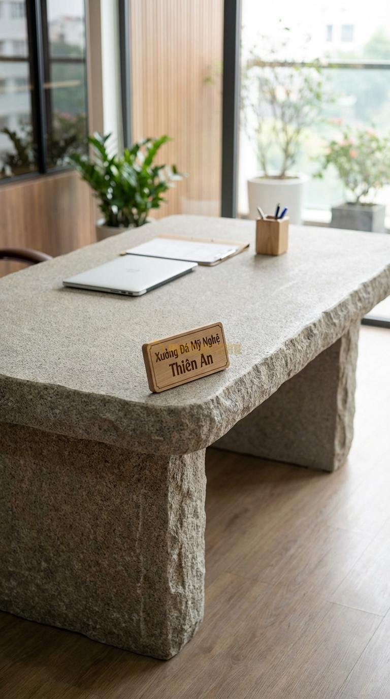 Bàn Làm Việc & Bàn Giám Đốc Bằng Đá Đá Granite Cổ Điển: Mặt đá bo chỉ kép, chân gỗ chạm khắc thủ công 160cm x 80cm x 75cm