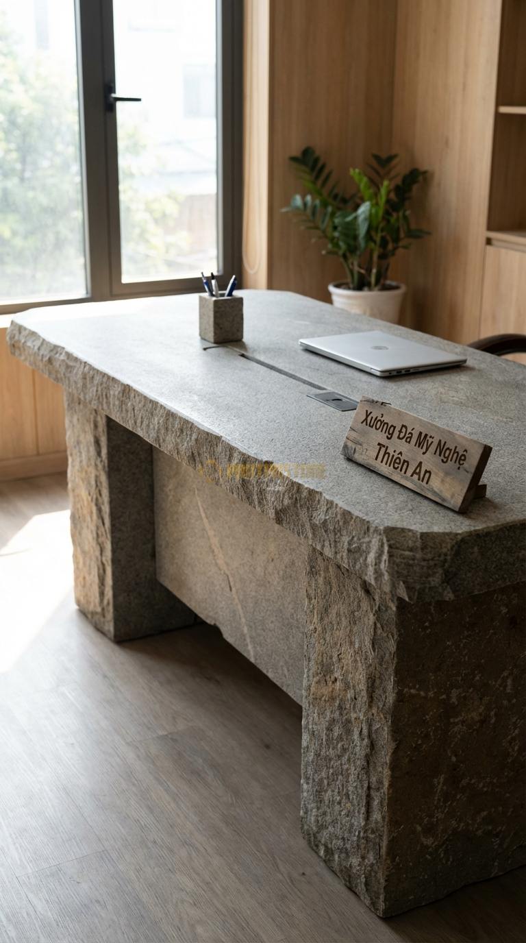 Bàn Làm Việc & Bàn Giám Đốc Bằng Đá Đá Granite Hi-tech Desk: Mặt đá tích hợp cổng sạc ẩn và quản lý dây điện 150cm x 75cm x 75cm