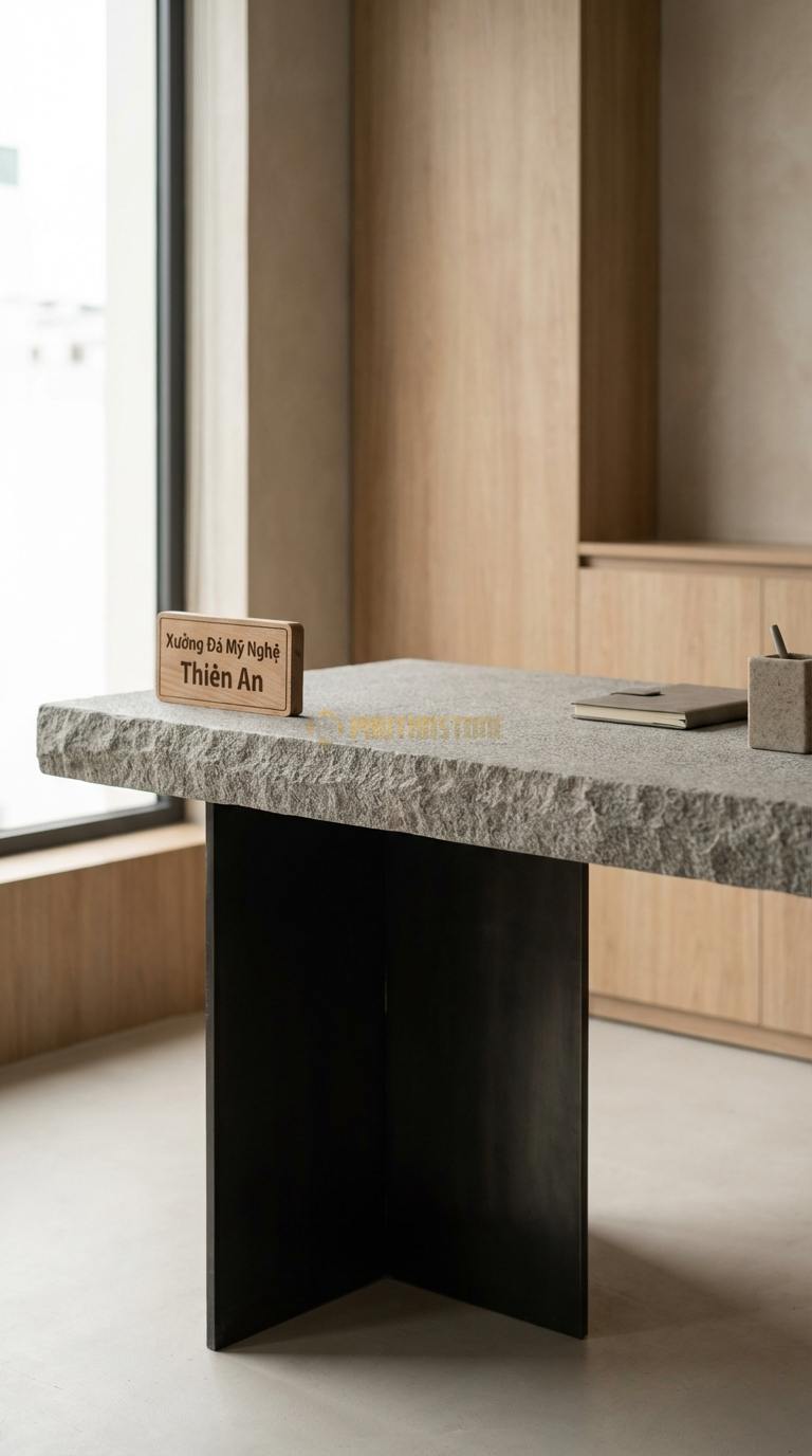 Bàn Làm Việc & Bàn Giám Đốc Bằng Đá Đá Granite Lãnh Đạo: Mặt đá vuông vức, chân kim loại bản lớn chắc chắn 180cm x 85cm x 76cm