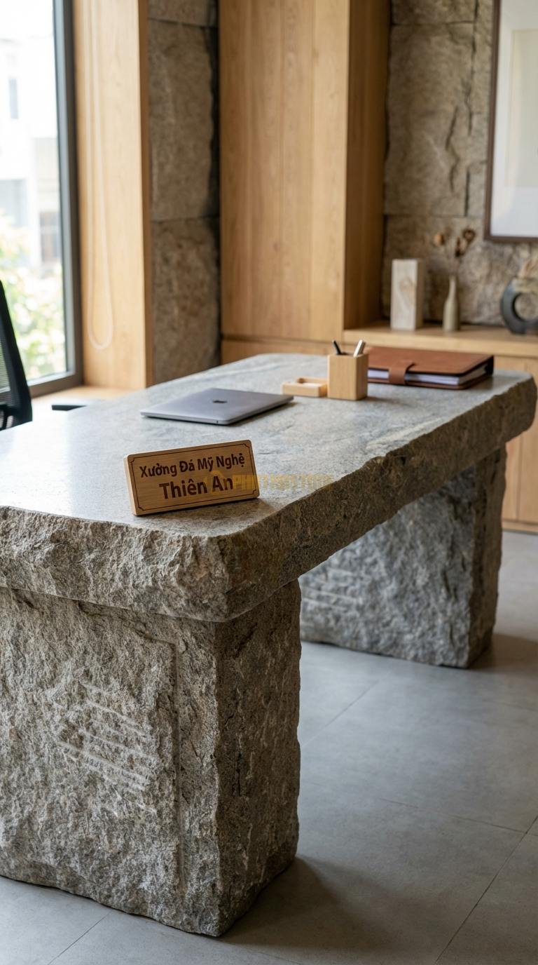 Bàn Làm Việc & Bàn Giám Đốc Bằng Đá Đá Granite Monolith: Bàn được ghép từ các tấm đá lớn như một khối đá đặc 180cm x 80cm x 75cm
