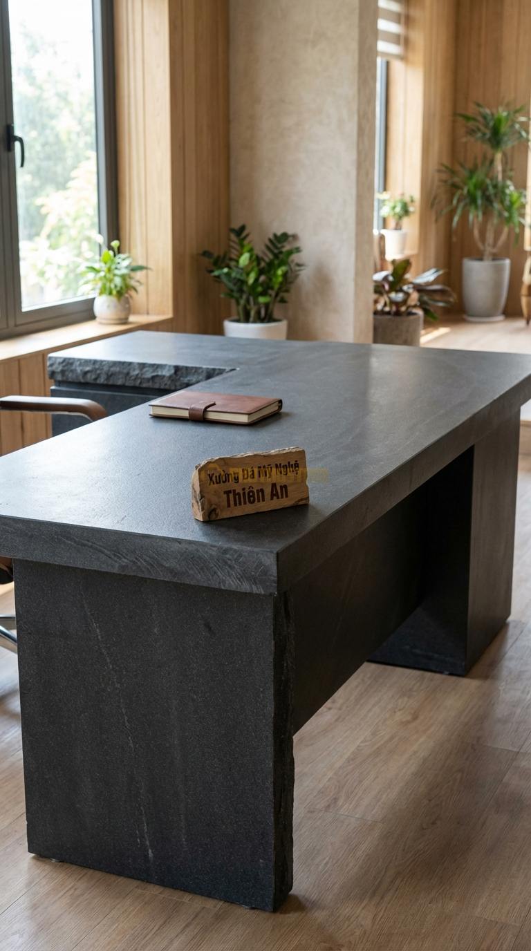 Bàn Làm Việc & Bàn Giám Đốc Bằng Đá Đá Granite Quyền Lực: Bàn giám đốc chữ L, mặt đá dày che kín mặt trước 200cm x 160cm x 76cm