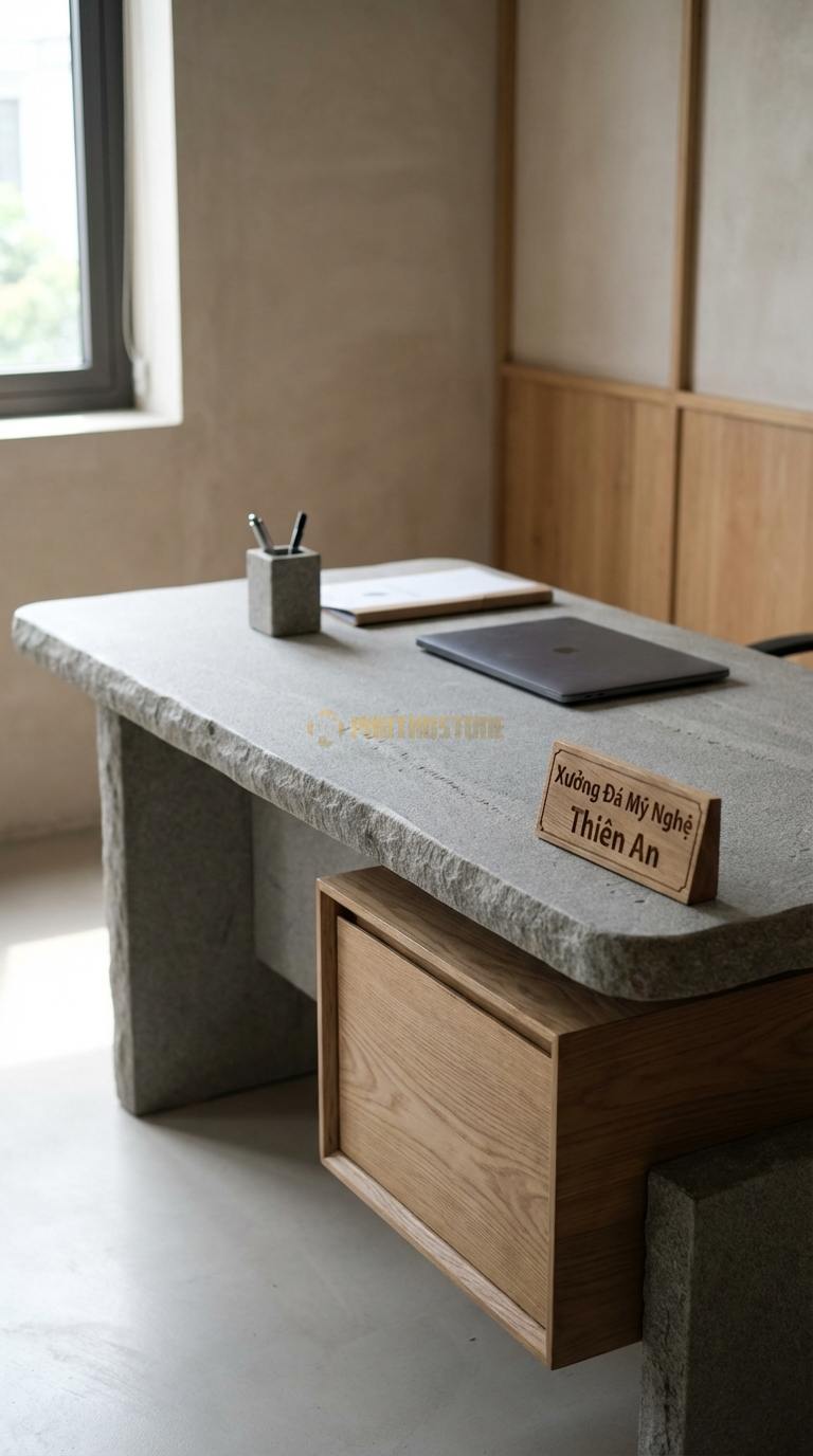 Bàn Làm Việc & Bàn Giám Đốc Bằng Đá Đá Granite Sáng Tạo: Mặt đá kết hợp hộc ngăn kéo gỗ treo lửng 150cm x 75cm x 75cm