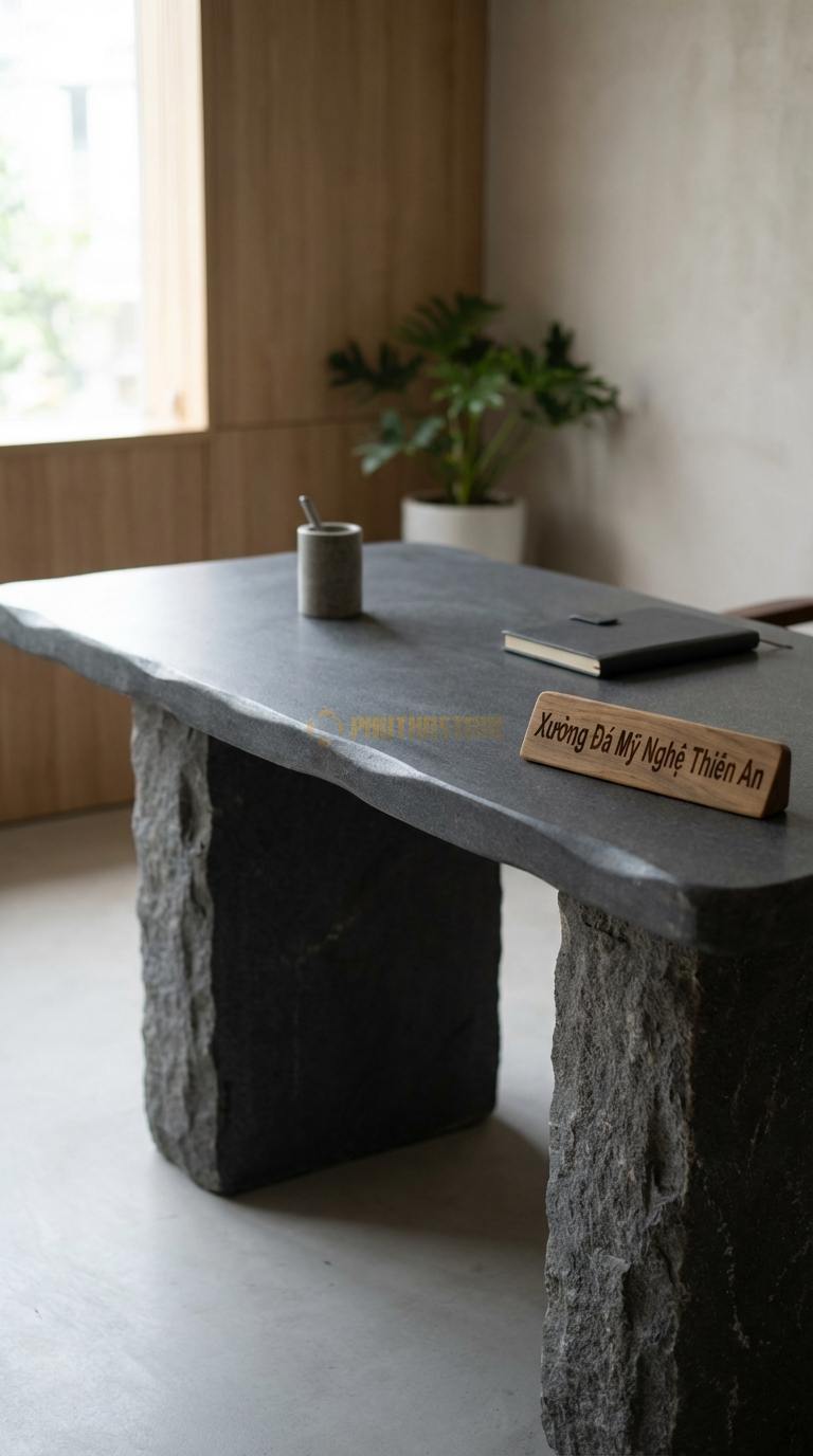 Bàn Làm Việc & Bàn Giám Đốc Bằng Đá Đá Granite Tĩnh Lặng: Bàn làm việc tối giản, mặt đá đen nhám chân gỗ 140cm x 70cm x 75cm