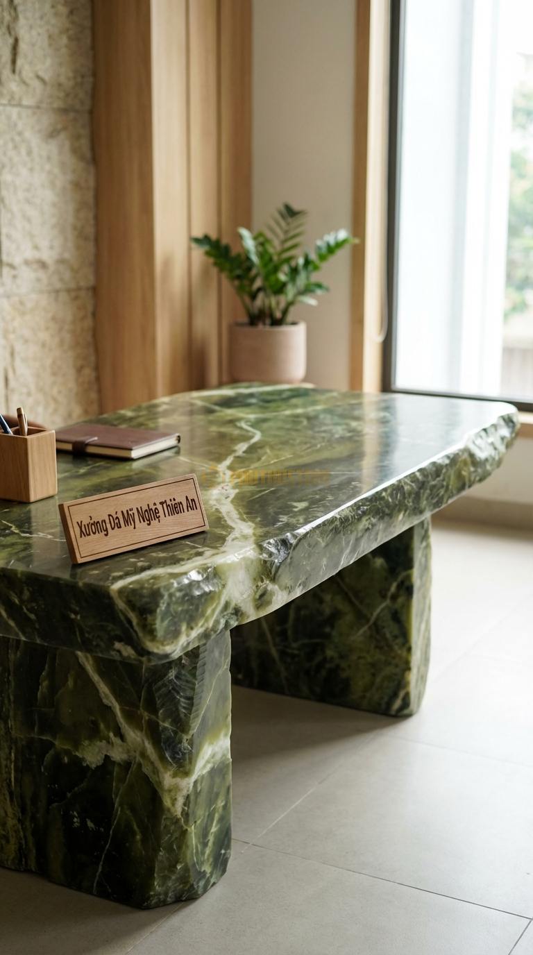 Bàn Làm Việc & Bàn Giám Đốc Bằng Đá Đá Serpentine Art Desk: Mặt đá cắt theo hình khối nghệ thuật không đối xứng 130cm x 65cm x 75cm