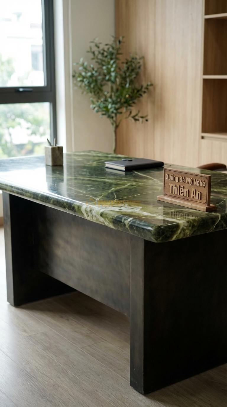 Bàn Làm Việc & Bàn Giám Đốc Bằng Đá Đá Serpentine Lãnh Đạo: Mặt đá vuông vức, chân kim loại bản lớn chắc chắn 180cm x 85cm x 76cm