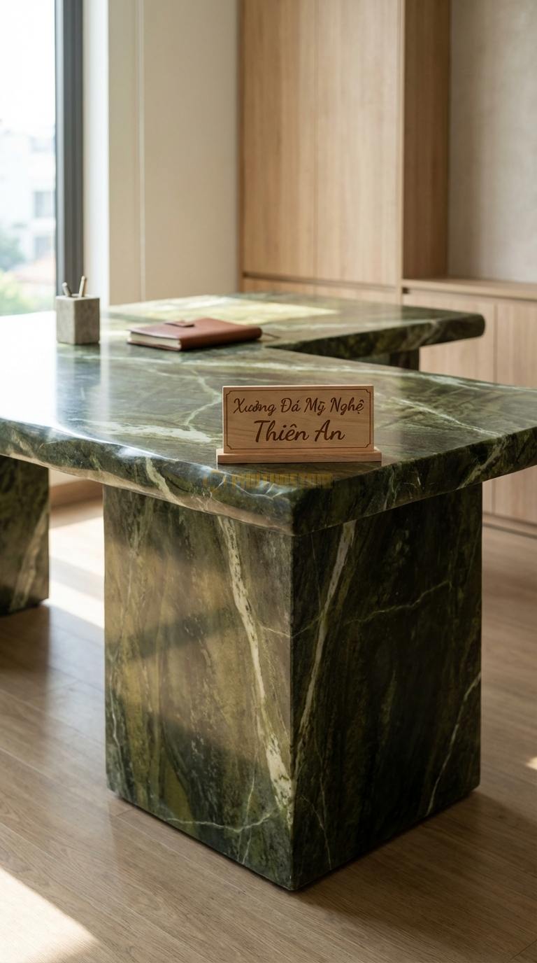 Bàn Làm Việc & Bàn Giám Đốc Bằng Đá Đá Serpentine Quyền Lực: Bàn giám đốc chữ L, mặt đá dày che kín mặt trước 200cm x 160cm x 76cm