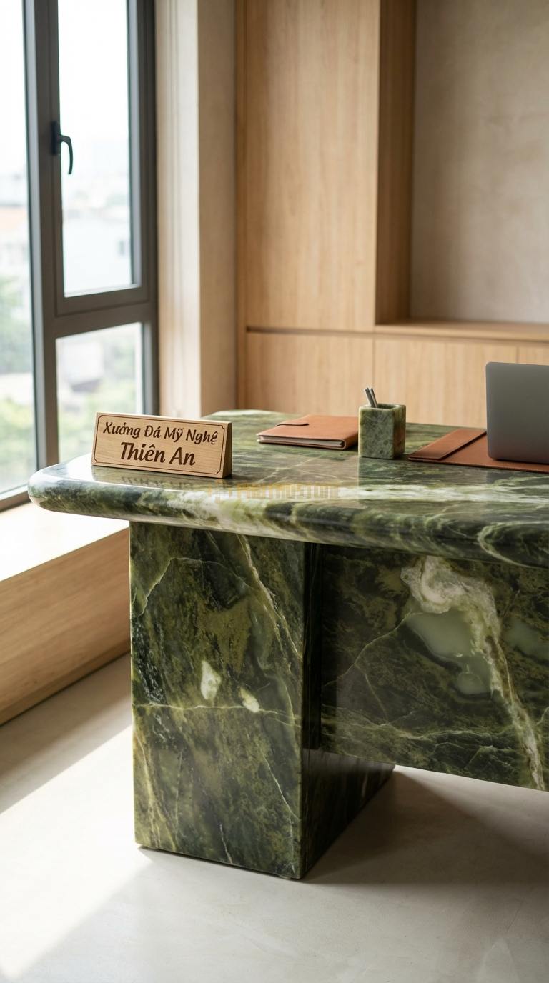 Bàn Làm Việc & Bàn Giám Đốc Bằng Đá Đá Serpentine Sáng Tạo: Mặt đá kết hợp hộc ngăn kéo gỗ treo lửng 150cm x 75cm x 75cm