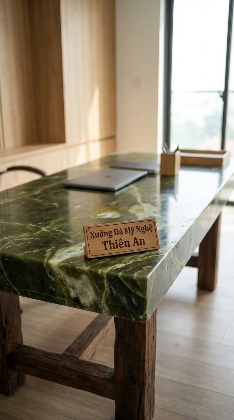 Bàn Làm Việc & Bàn Giám Đốc Bằng Đá Đá Serpentine Tĩnh Lặng: Bàn làm việc tối giản, mặt đá đen nhám chân gỗ 140cm x 70cm x 75cm