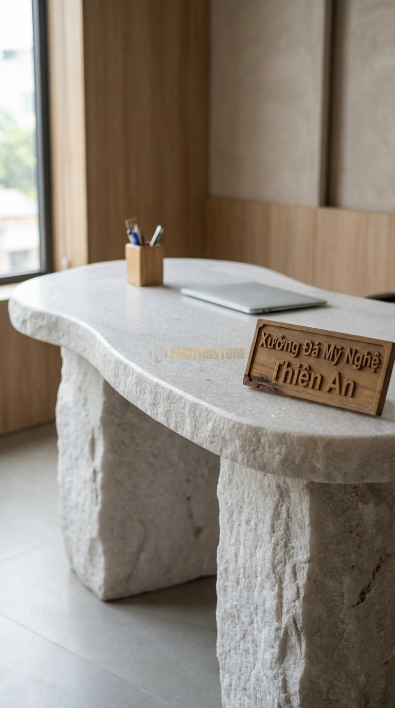 Bàn Làm Việc & Bàn Giám Đốc Bằng Đá Đá Trắng Muối Art Desk: Mặt đá cắt theo hình khối nghệ thuật không đối xứng 130cm x 65cm x 75cm