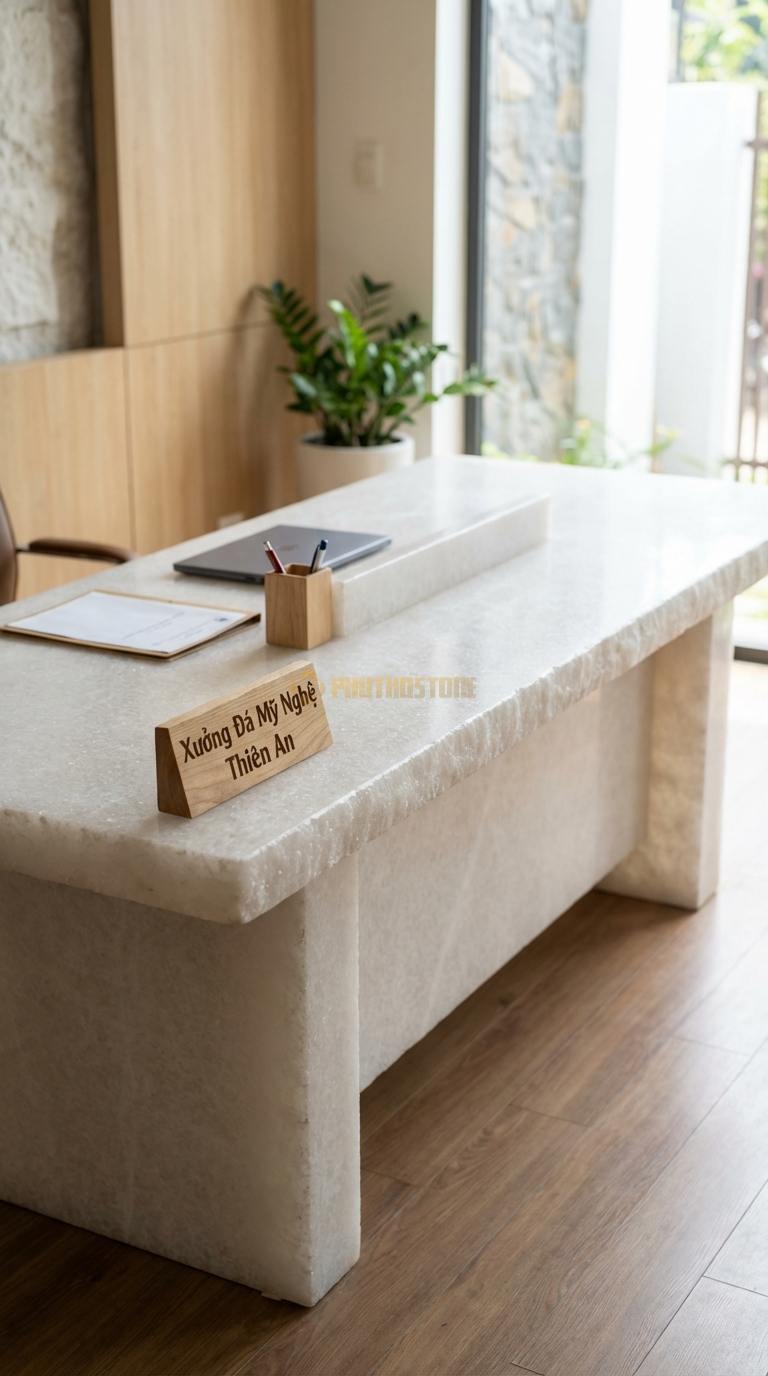 Bàn Làm Việc & Bàn Giám Đốc Bằng Đá Đá Trắng Muối Bàn Làm Việc Đôi: Mặt đá dài cho 2 người ngồi, có vách ngăn đá 240cm x 70cm x 75cm