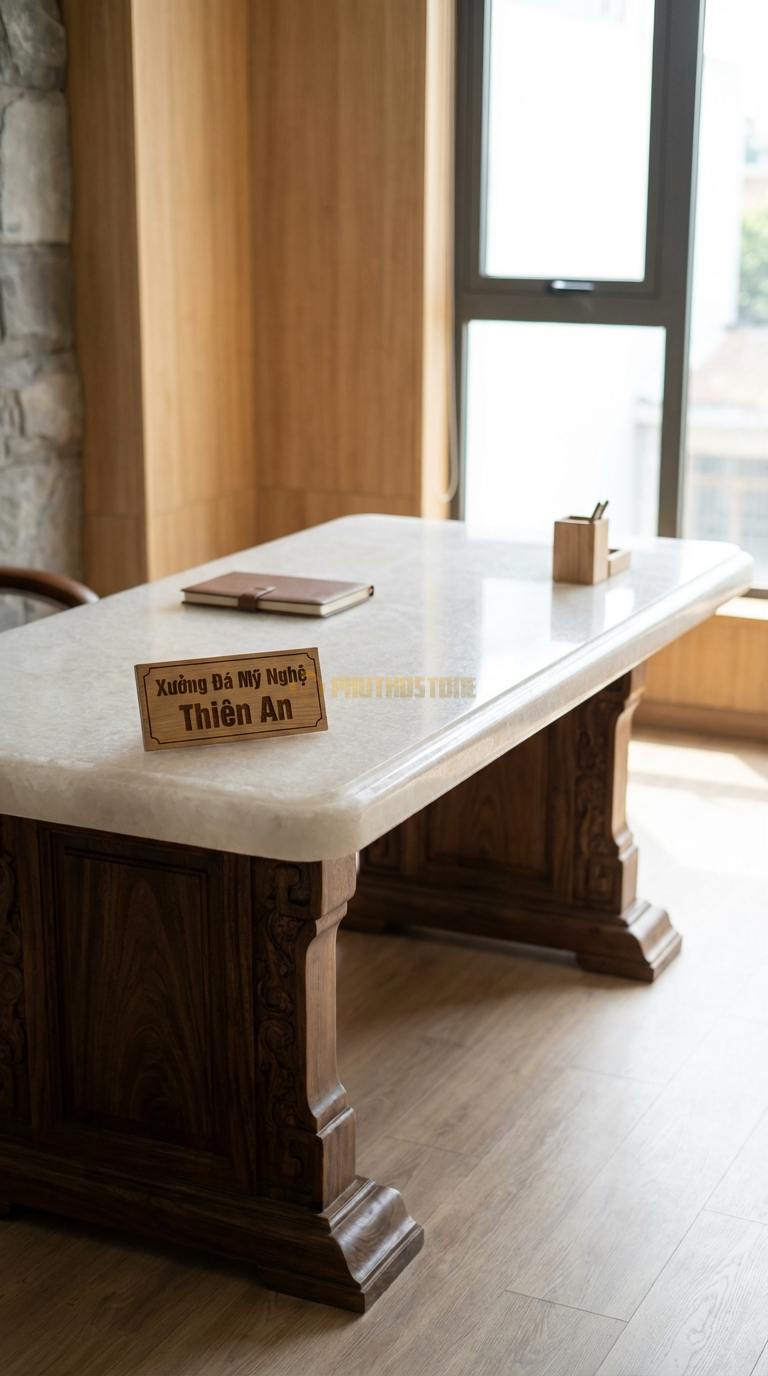 Bàn Làm Việc & Bàn Giám Đốc Bằng Đá Đá Trắng Muối Cổ Điển: Mặt đá bo chỉ kép, chân gỗ chạm khắc thủ công 160cm x 80cm x 75cm