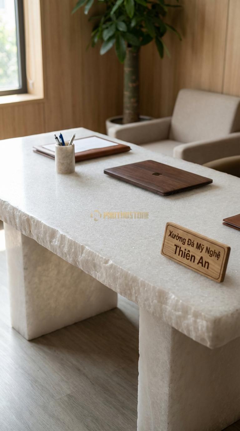 Bàn Làm Việc & Bàn Giám Đốc Bằng Đá Đá Trắng Muối Hi-tech Desk: Mặt đá tích hợp cổng sạc ẩn và quản lý dây điện 150cm x 75cm x 75cm